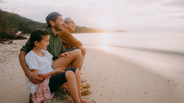 family sitting together on beach